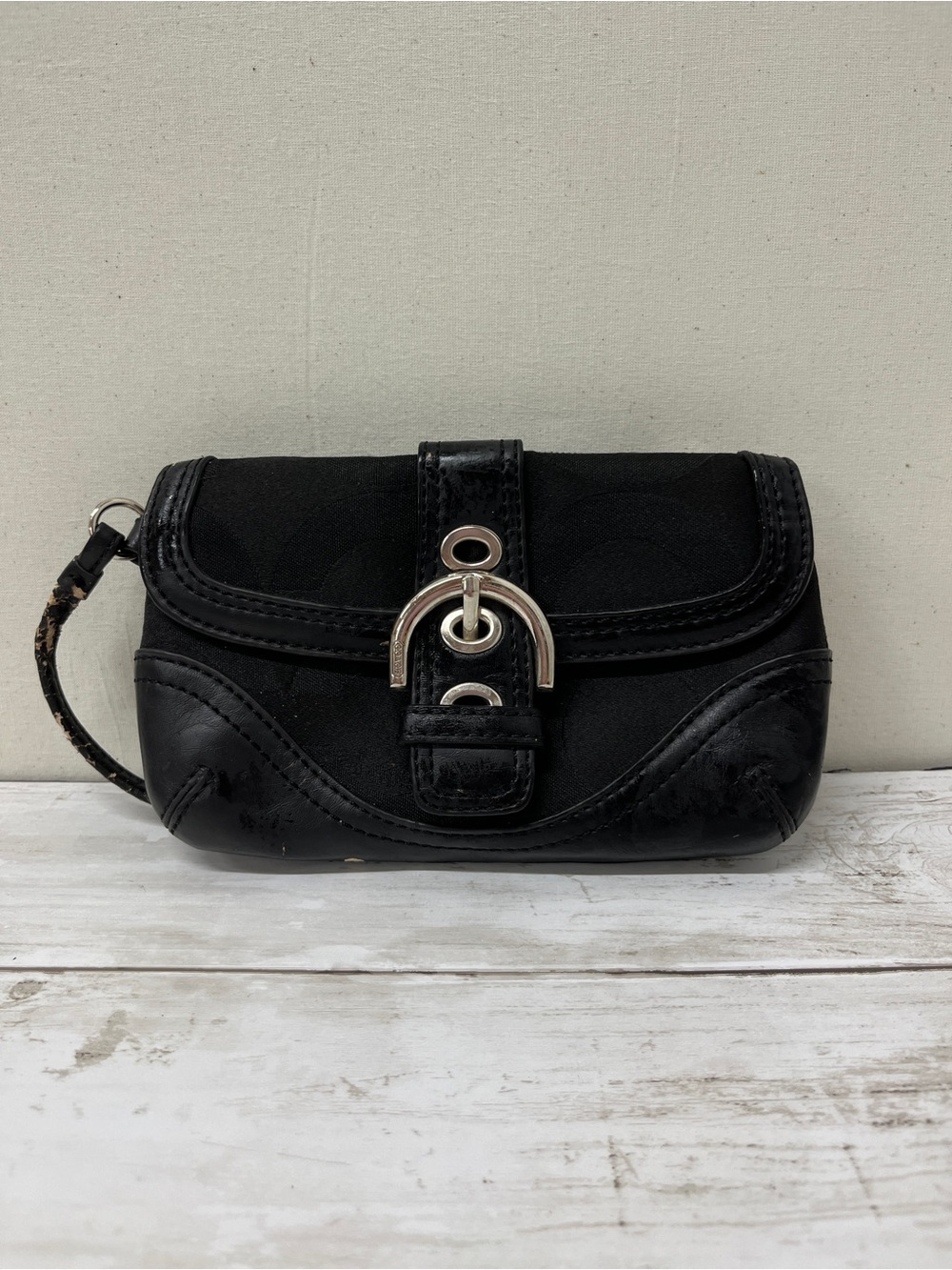 Y2K Black Signature COACH Canvas Leather Trim Wristlet Clutch w/ Silver Hardware